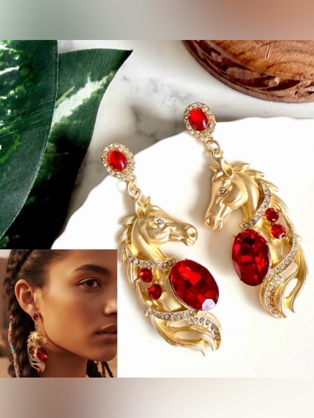 Gold Horse Red Crystal Earrings Vintage Style Equestrian Ornate Jewelry Gift NEW